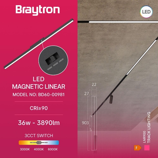 Imagine CORP LINEER LED PT SINA MAGN. 36W 3060LM 3in1 NEGRU