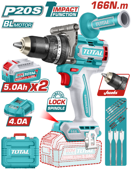 Imagine TOTAL - MASINA DE GAURIT CU PERCUTIE - 20V - 5AH - MOTOR FARA PERII (INCLUDE 2 ACUMULATORI, 1 INCARC