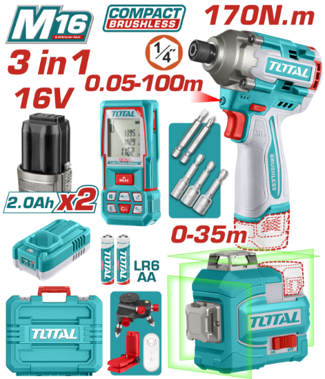 Imagine TOTAL - KIT COMBO 16V - MASINA DE INSURUBAT, TELEMETRU LASER, NIVELA LASER (INCLUDE ACUMULATOR SI IN