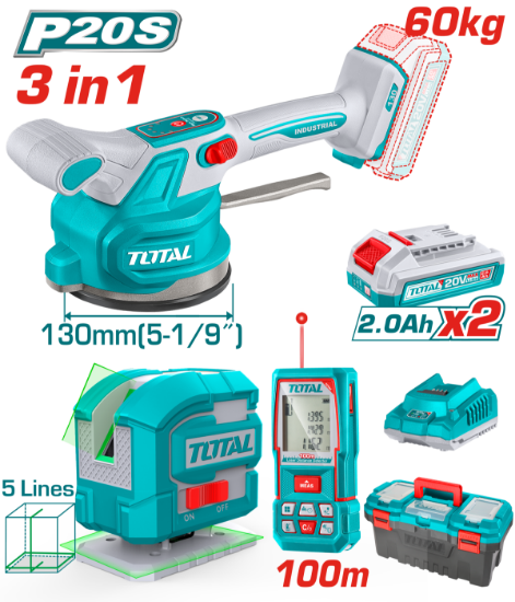 Imagine TOTAL - KIT COMBO 20V - VIBRATOR CU VENTUZA PENTRU PLACI CERAMICE, LASER MASURARE DISTANTA, NIVELA L