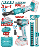 Imagine TOTAL - KIT COMBO 20V - MASINA DE INSURUBAT CU IMPACT, CHEIE DREAPTA CU IMPACT, LAMPA DE LUCRU, SET