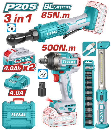 Imagine TOTAL - KIT COMBO 20V - MASINA DE INSURUBAT CU IMPACT, CHEIE DREAPTA CU IMPACT, LAMPA DE LUCRU, SET