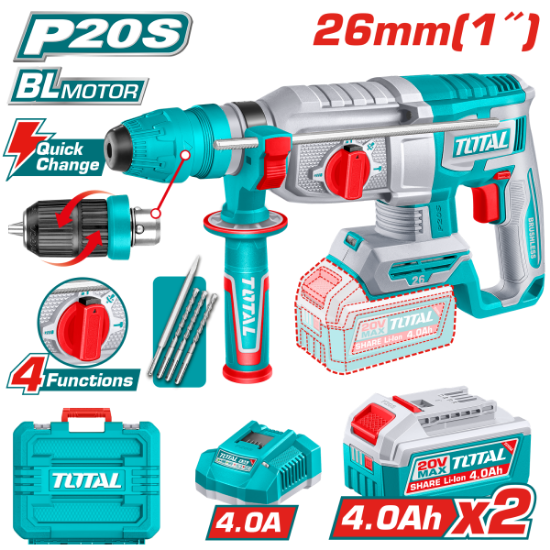 Imagine TOTAL - CIOCAN ROTOPERCUTOR - 2.5J - LI-ION - 20V - MOTOR FARA PERII (INCLUDE 2 ACUMULATORI, INCARCA