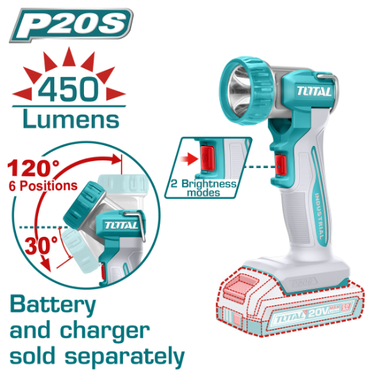 Imagine TOTAL - LAMPA DE LUCRU - 450 LUMENI - LI-ION - 20V (NU INCLUDE ACUMULATOR SI INCARCATOR)