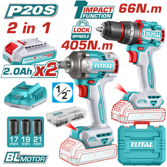 Imagine TOTAL - KIT COMBO - 20V - MASINA DE GAURIT CU PERCUTIE, MASINA DE INSURUBAT CU IMPACT (INCLUDE 2 ACU