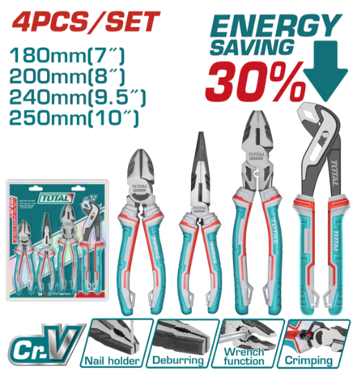 Imagine TOTAL - SET 4 CLESTI - CLESTE TAIETOR 7'', CLESTE CU VARF ASCUTIT 8'', PATENT UNIVERSAL 9.5'', CLEST