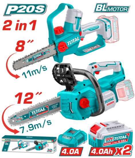 Imagine TOTAL - KIT COMBO 20V - FIERASTRAU ELECTRIC PENTRU CRENGI, DRUJBA 12'' (INCLUDE 2 ACUMULATORI , 1 IN