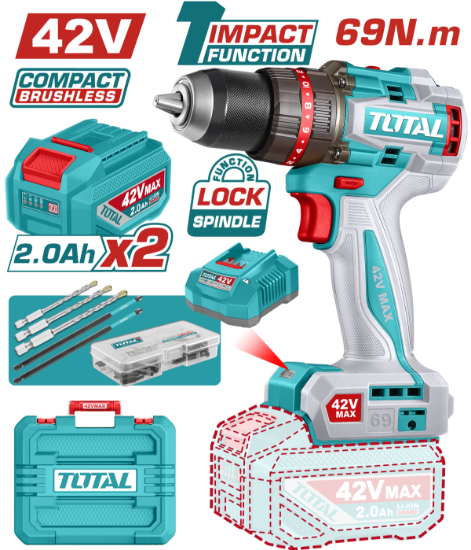 Imagine TOTAL - MASINA DE GAURIT CU PERCUTIE - 42V CU 47 ACCESORII (INCLUDE 2 ACUMULATORI, 1 INCARCATOR)