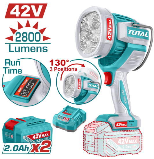 Imagine TOTAL - LAMPA DE LUCRU - 2800 LUMENI - 42V (INCLUDE 2 ACUMULATORI, 1 INCARCATOR)