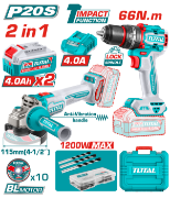 Imagine TOTAL - KIT COMBO - 20V - 4.0Ah- MASINA DE GAURIT CU IMPACT, POLIZOR UNGHIULAR (INCLUDE 2 ACUMULATOR