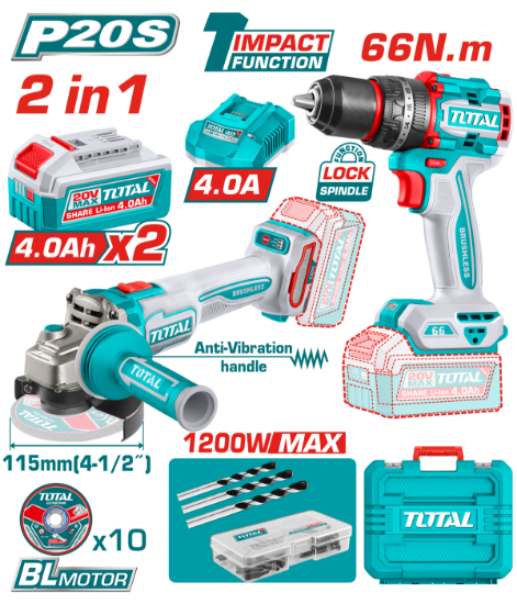 Imagine TOTAL - KIT COMBO - 20V - 4.0Ah- MASINA DE GAURIT CU IMPACT, POLIZOR UNGHIULAR (INCLUDE 2 ACUMULATOR