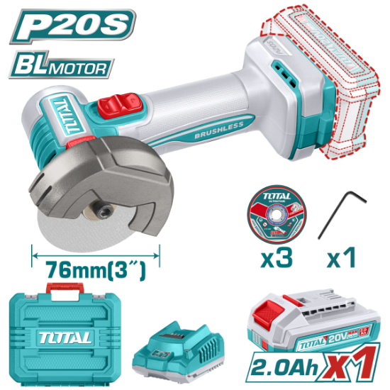 Imagine TOTAL - MINI POLIZOR UNGHIULAR - 20V - 2.0Ah (INCLUDE ACUMULATOR SI INCARCATOR)