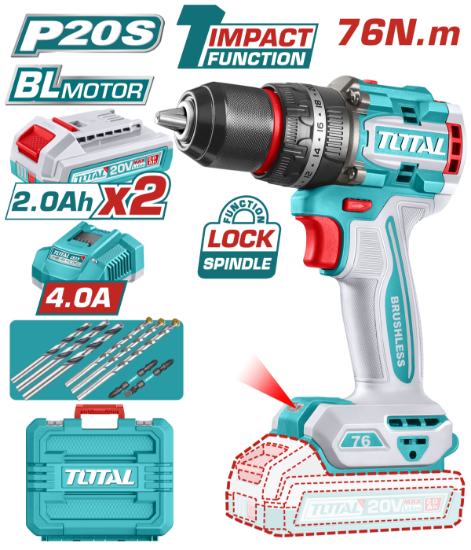 Imagine TOTAL - MASINA DE GAURIT CU PERCUTIE - 20V - 76Nm - MOTOR FARA PERII (INCLUDE 2 ACUMULATORI, 1 INCAR