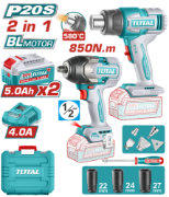 Imagine TOTAL - KIT COMBO 20V - MASINA DE INSURUBAT CU IMPACT, SUFLANTA CU AER CALD (INCLUDE 2 ACUMULATORI ,