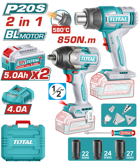 Imagine TOTAL - KIT COMBO 20V - MASINA DE INSURUBAT CU IMPACT, SUFLANTA CU AER CALD (INCLUDE 2 ACUMULATORI ,