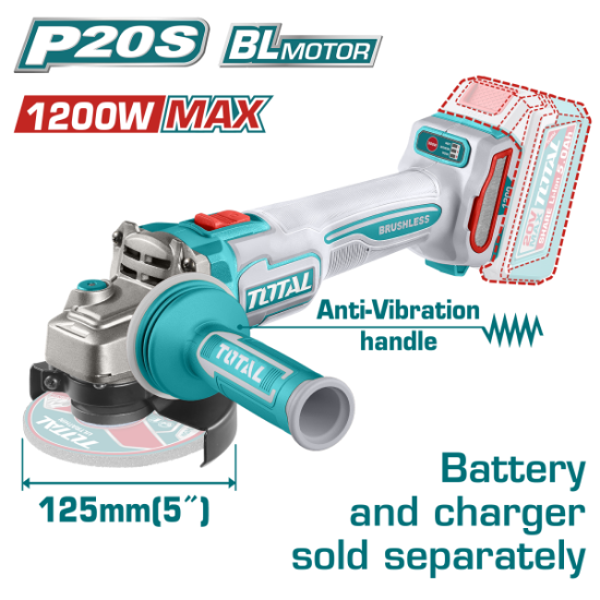 Imagine TOTAL - POLIZOR UNGHIULAR -125MM - 20V - MOTOR FARA PERII (NU INCLUDE ACUMULATOR)
