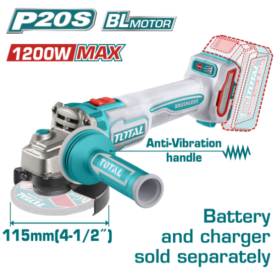 Imagine TOTAL - POLIZOR UNGHIULAR - 115MM - 20V - LI-ION  (INDUSTRIAL)
