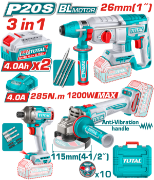 Imagine TOTAL - KIT COMBO 20V - CIOCAN ROTOPERCUTOR, POLIZOR UNGHIULAR, MASINA DE INSURUBAT CU IMPACT (INCLU