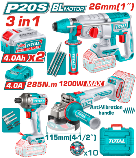 Imagine TOTAL - KIT COMBO 20V - CIOCAN ROTOPERCUTOR, POLIZOR UNGHIULAR, MASINA DE INSURUBAT CU IMPACT (INCLU