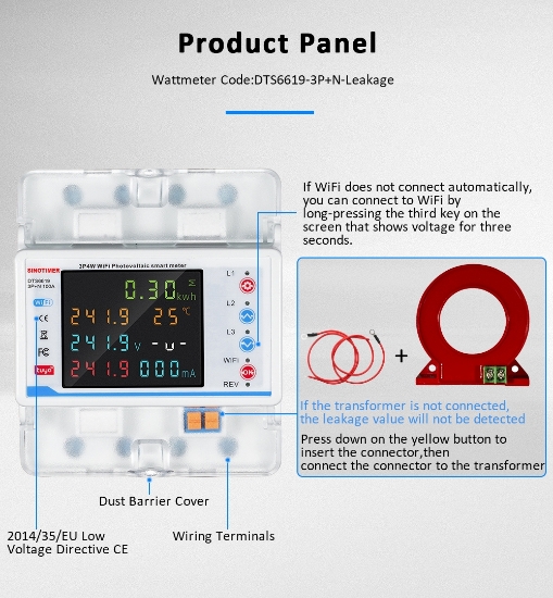 Imagine Contor de energie trifazic 3P+N, diferential, protectie supratensiuni, Sinotimer ,WiFi Tuya, bidirecțional, PV100A