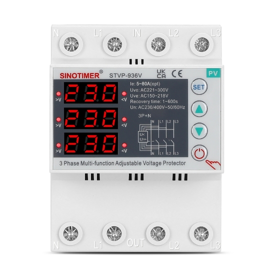 Imagine Releu trifazic SINOTIMER, siguranta digitala de protectie tensiune trifazic 80A,  recuperare automata, STVP936V-80A