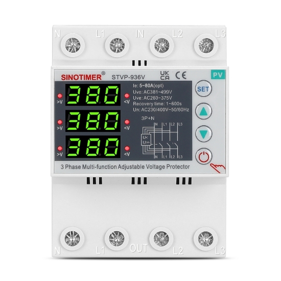 Imagine Releu protectie tensiune trifazic Sinotimer STVP-936V, 80A, 3P+N, 230/400V, supratensiune si subtensiune, PV