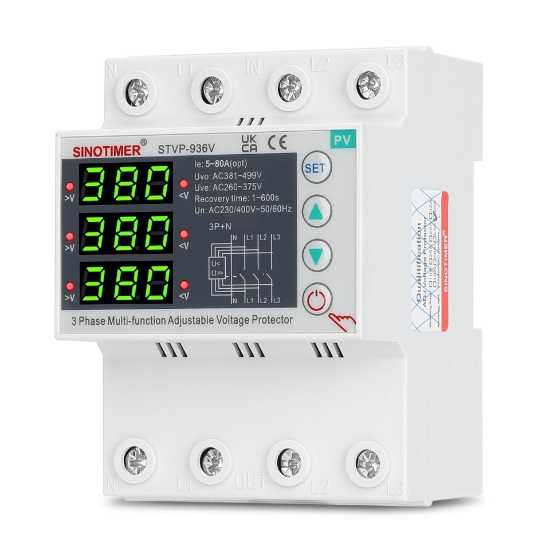 Imagine Releu protectie tensiune trifazic Sinotimer STVP-936V, 80A, 3P+N, 230/400V, supratensiune si subtensiune, PV