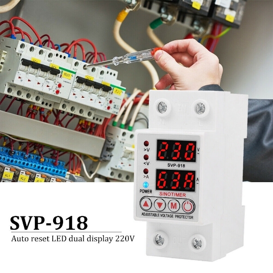 Imagine Releu siguranta digitala  de protectie tensiune, Sinotimer, 63A, SVP-918-63A, ecran dublu LED, recuperare automata