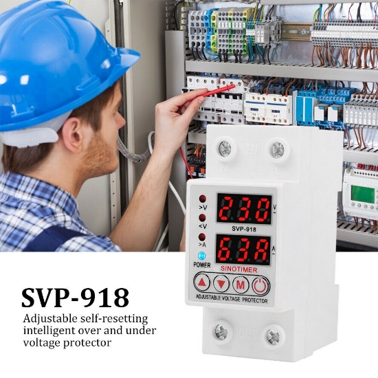 Imagine Releu siguranta digitala  de protectie tensiune, Sinotimer, 63A, SVP-918-63A, ecran dublu LED, recuperare automata