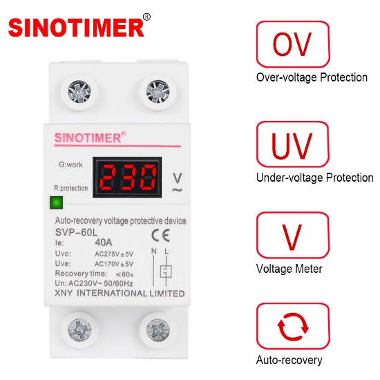 Imagine Releu siguranta digitala  de protectie tensiune, Sinotimer, 40A, 230V, SVP-60L, recuperare automata