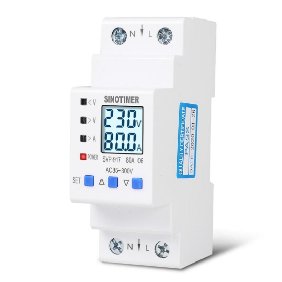 Imagine Releu siguranta digitala protectie tensiune, Sinotimer, intre 1- 63A programabil ,ecran  LED, arata consum kWh, SVP-917-63A