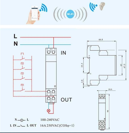 Imagine Comutator WIFI temporizat , Sinotimer, digital monofazat de la distanta SINOTIMER TM608 AC 110V 220V 16A 18mm