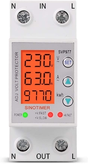 Imagine Releu siguranta digitala  de protectie tensiune, Sinotimer, programabil intre 1-63A, 220V,  recuperare automata, SVP-977