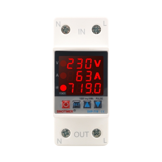 Imagine Releu siguranta digitala de protectie tensiune, Sinotimer, reglabila intre 1 - 63A, contor, ecran digital LED, SVP-719-63A