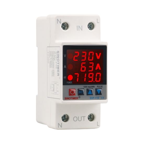 Imagine Releu siguranta digitala de protectie tensiune, Sinotimer, reglabila intre 1 - 63A, contor, ecran digital LED, SVP-719-63A