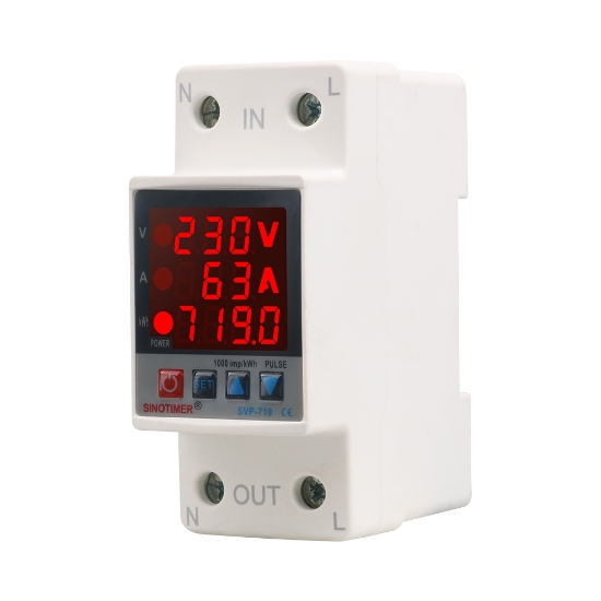 Imagine Releu siguranta digitala de protectie tensiune, Sinotimer, reglabila intre 1 - 63A, contor, ecran digital LED, SVP-719-63A