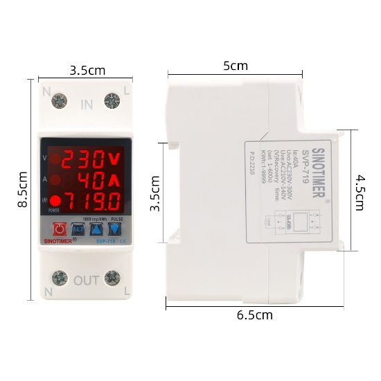 Imagine Releu siguranta digitala de protectie tensiune, Sinotimer, reglabila intre 1 - 63A, contor, ecran digital LED, SVP-719-63A