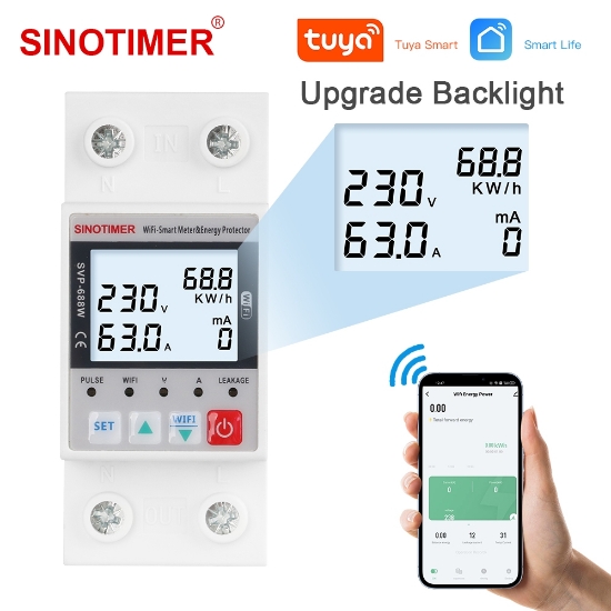 Imagine Releu Sinotimer, Wifi Tuya, diferential, protectie supratensiune, subtensiune, reglabil intre 1-63A, contor energie