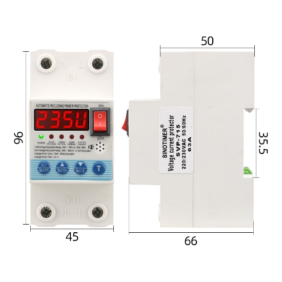 Imagine Releu protecție, SINOTIMER, supratensiune/subtensiune, sparacurent, reglabil 1-63A, diferential 10mA-99mA reglabil, SVP715-63A