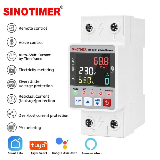 Imagine Releu protectie LED, dubla deconectare, WiFi Sinotimer SVP688W-63AC2, 63A, consum energie, diferential si temperatura