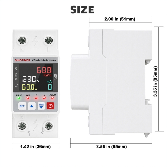 Imagine Releu protectie LED, dubla deconectare, WiFi Sinotimer SVP688W-63AC2, 63A, consum energie, diferential si temperatura