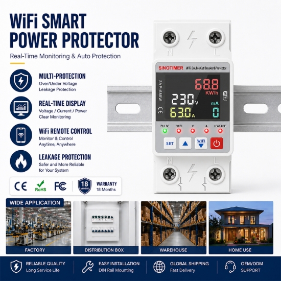 Imagine Releu protectie LED, dubla deconectare, WiFi Sinotimer SVP688W-63AC2, 63A, consum energie, diferential si temperatura