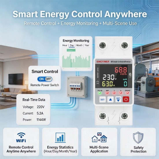 Imagine Releu protectie LED, dubla deconectare, WiFi Sinotimer SVP688W-63AC2, 63A, consum energie, diferential si temperatura