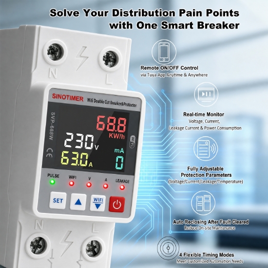 Imagine Releu protectie LED, dubla deconectare, WiFi Sinotimer SVP688W-63AC2, 63A, consum energie, diferential si temperatura
