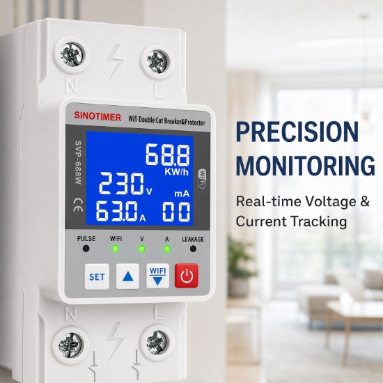 Imagine Releu protectie, dubla deconectare, WiFi Sinotimer SVP688W-63AN2, 63A, monitorizare energie (PV), bidirectional
