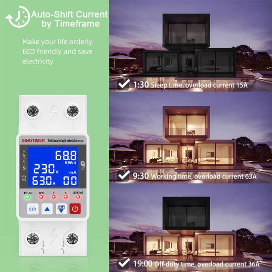 Imagine Releu protectie, dubla deconectare, WiFi Sinotimer SVP688W-63AN2, 63A, monitorizare energie (PV), bidirectional