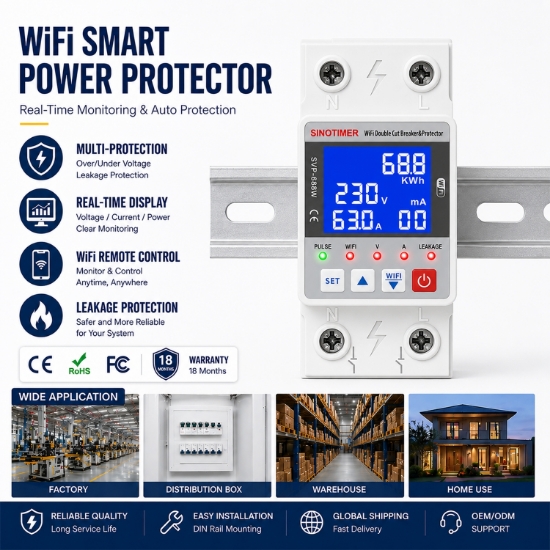 Imagine Releu protectie, dubla deconectare, WiFi Sinotimer SVP688W-63AN2, 63A, monitorizare energie (PV), bidirectional
