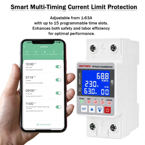 Imagine Releu protectie, dubla deconectare, WiFi Sinotimer SVP688W-63AN2, 63A, monitorizare energie (PV), bidirectional