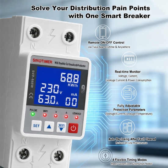 Imagine Releu protectie, dubla deconectare, WiFi Sinotimer SVP688W-63AN2, 63A, monitorizare energie (PV), bidirectional