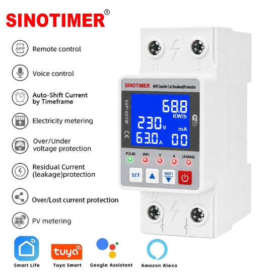 Imagine Releu protectie, dubla deconectare, WiFi Sinotimer SVP688W-63AN2, 63A, monitorizare energie (PV), bidirectional